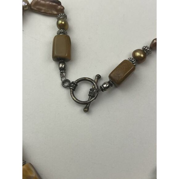 Sterling Silver Real Pearl Ceramic & Stone Necklace Toggle Clasp 16" Fall Colors - Picture 7 of 12